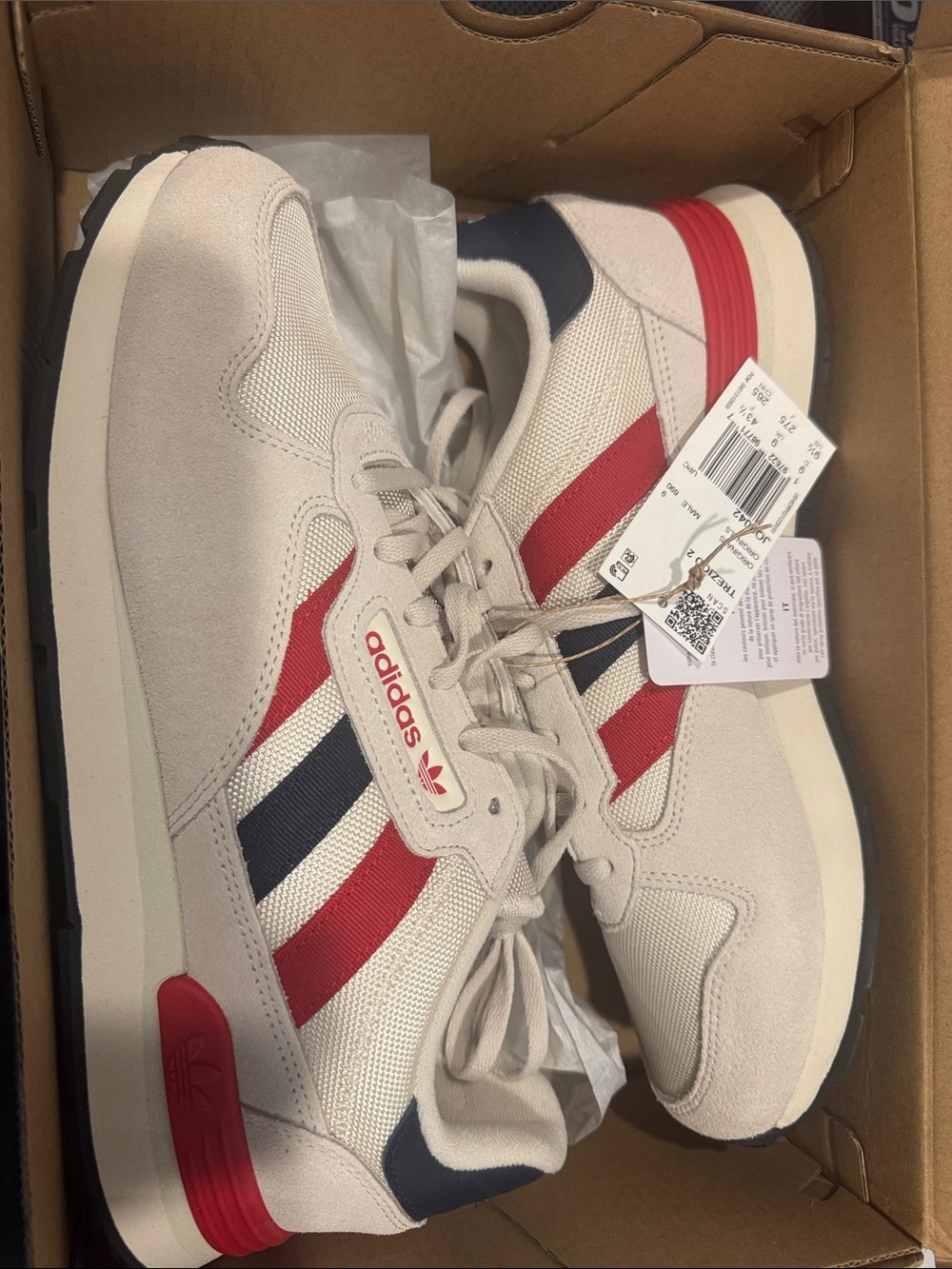 adidas Men’s Cream Sneakers with Red & Navy Stripes